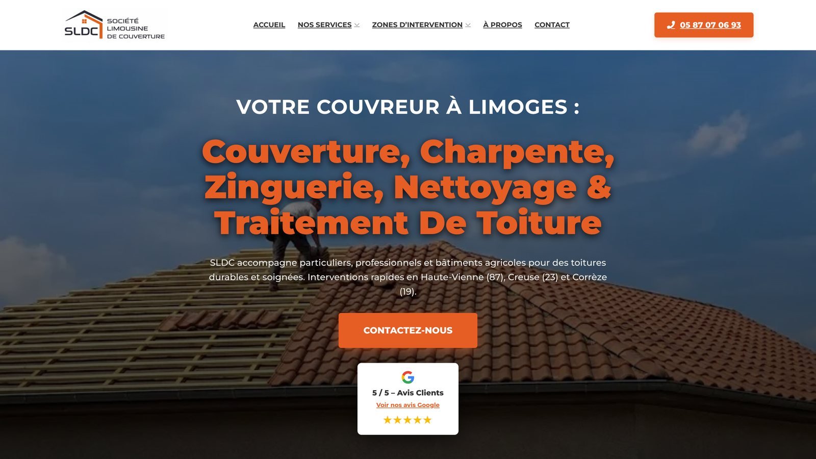Page d'accueil du site SLDC, couvreur à Limoges